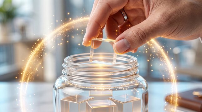 Person placing transparent crystal cube into glass jar surrounded by glowing golden light particle arc