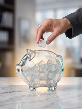 Hand placing bitcoin cube into transparent glass piggy bank on marble surface with representing digital savings