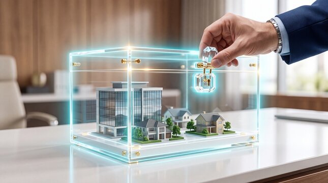 Hand locking transparent box protecting miniature buildings with buildings representing property displays hand securing