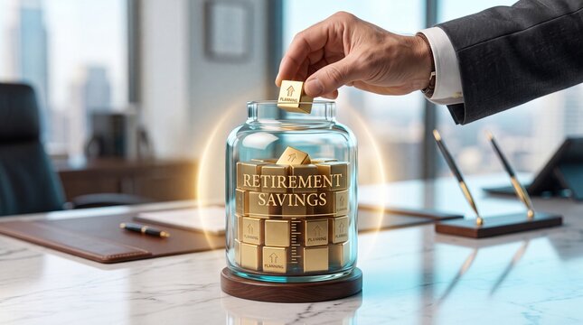 Businessman placing gold planning block into glass jar labeled retirement savings for financial future success