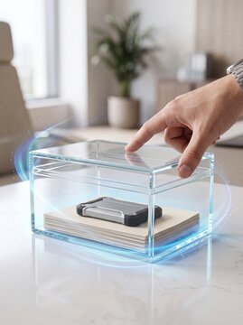Human hand touching glass box containing stacked paper sheets and electronic device inside office environment
