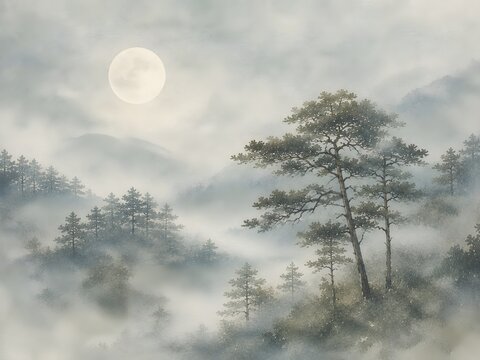 Misty moon over forested hills