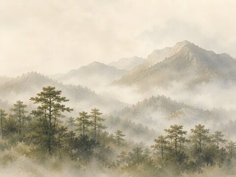 Misty mountain and forest landscape