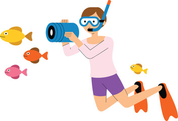 Scuba Diver Underwater Photographer, Flat Vector Illustration with Snorkeling Gear Tropical Fish and Marine Adventure Scene © Sharif