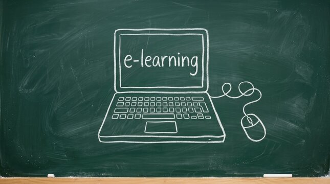White chalk drawing of a laptop computer displaying e-learning text on a dark green chalkboard