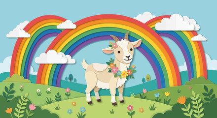 Fototapeta premium Cute goat with flower collar in rainbow landscape