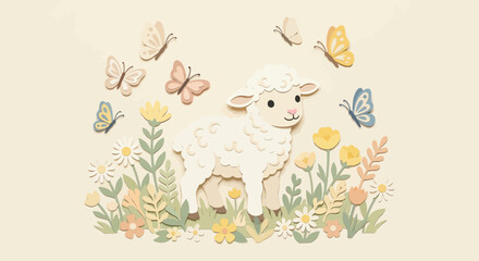 Naklejka premium Cute lamb in meadow with paper butterflies and flowers