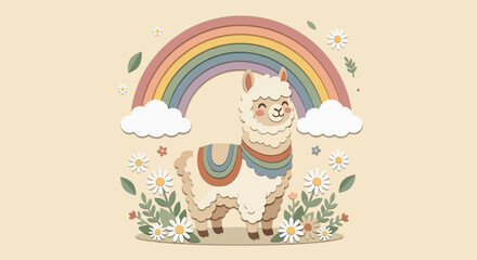 Fototapeta premium Cute llama with rainbow and flowers, happy animal illustration