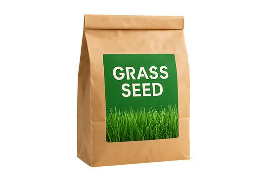 Grass seed paper bag packaging isolated on transparent background