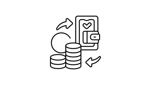 Minimalist outline animation of digital wallet transfer coins smartphone drawing on and fading out. Features a clean pop up style in 3 color setups.