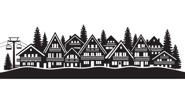 Alpine Ski Resort Village Silhouette Vector Illustration
