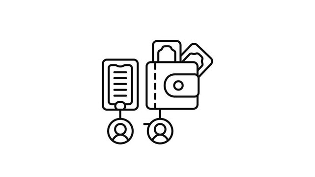 Minimalist outline animation of digital wallet users with purse drawing on and fading out. Features a clean pop up style in 3 color setups.