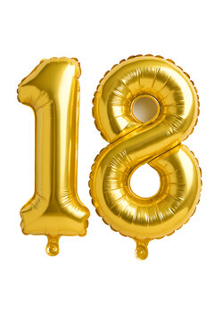 Golden number eighteen foil balloon isolated on transparent background
