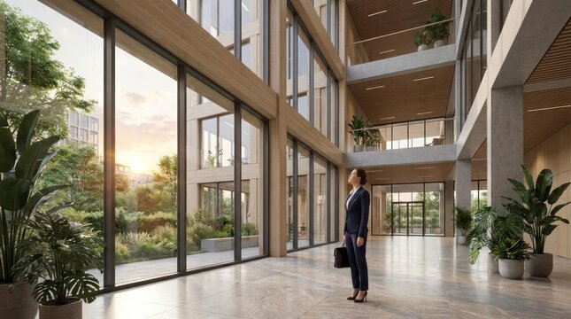Businesswoman standing in a modern sustainable office lobby with indoor plants and large windows.