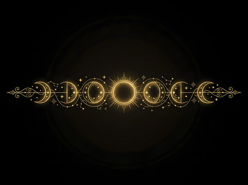 Mystical celestial moon phases with golden sun and stars on black background, elegant esoteric lunar cycle illustration with ornate filigree and glowing light effects. Sacred geometry celestial