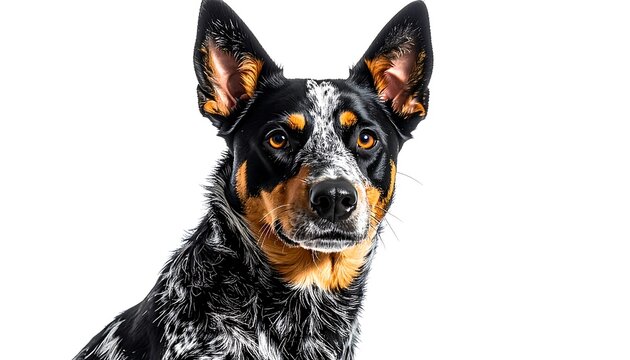 A blue merle dog with brown markings and striking orange eyes