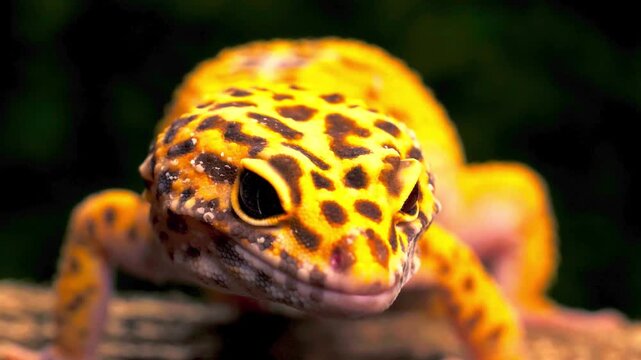 Macro shot of yellow spotted leopard gecko staring directly into