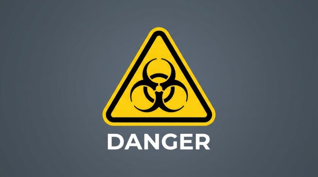 Bright yellow biohazard warning sign with bold black symbol and white danger text on gray