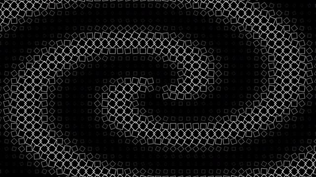 Abstract 4K motion graphic featuring a dense grid of outlined squares that continuously rotate, scale and respond to a radial wave, creating shifting moir&eacute; interference patterns on a black background.