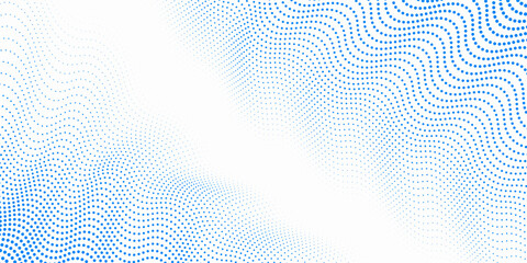 Blue dotted wave line pattern. Light halftone undulate net background. Abstract air flowing particle wallpaper. Vector curve dashed gradient element for poser, banner, presentation, booklet, flyer © Dul
