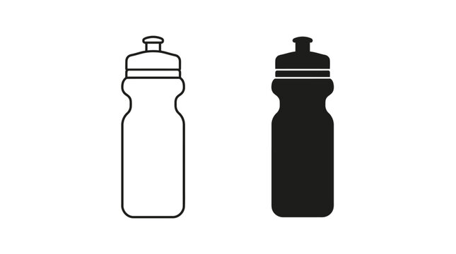 Minimalist sports water bottle outline and solid silhouette vector icons
