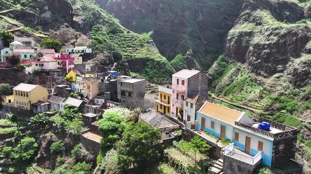 Drone Shot of Village in Mountains of Santo Antao Island, Cape Verde, Colorful Houses and Cliffs