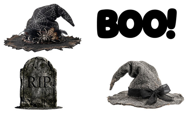 Halloween witch hats, tombstone, and boo text isolated on transparent background