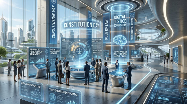Futuristic exhibition hall showcasing digital justice and civic technology with interactive holographic displays in a modern smart city