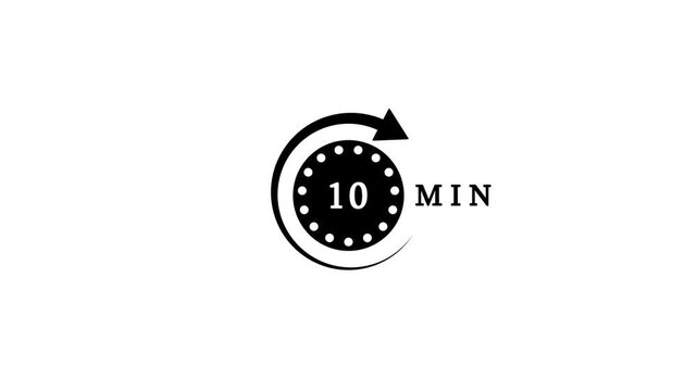 10 minutes timer symbol color style isolated on white background. 10 min time circle icon. Animation timer icon with ten min. Clock, stopwatch, cooking time label. Motion graphics