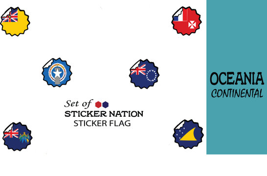 A high-quality illustration set of Oceania country flag peeling sticker with colorful die-cut borders. Perfect for geography lessons, educational worksheets, travel content, international presentation
