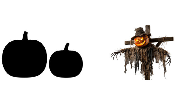 Scary pumpkin scarecrow and two pumpkin silhouettes isolated on transparent background