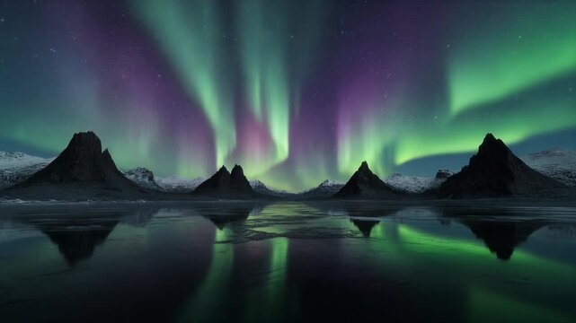 Vibrant aurora borealis dancing over frozen lake with mountain reflections
