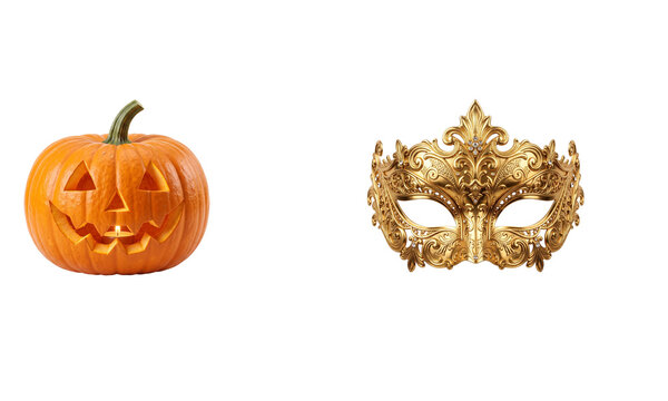 Jackolantern pumpkin and golden masquerade mask isolated on transparent background