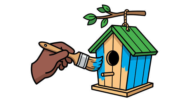 Bird house being painted blue by a person using a brush