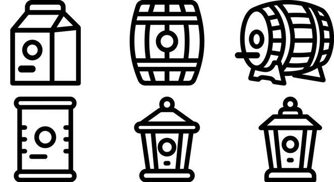 Bird house icons with wooden barrel and milk carton set