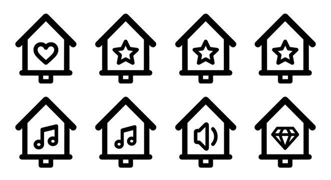 Bird house icon collection with decorative star heart and music signs