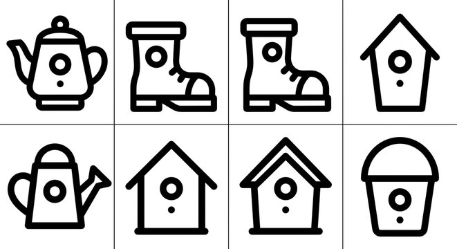 Bird house and gardening icons in minimalist bold line style