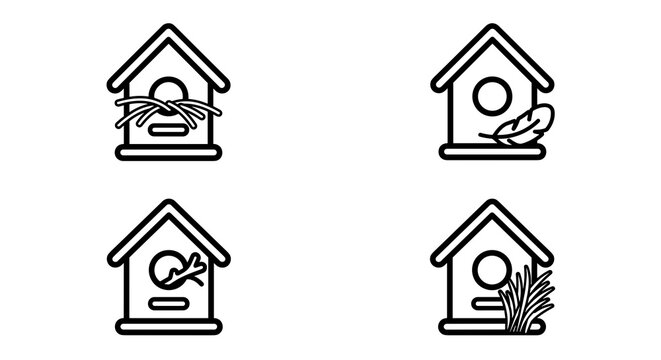 Bird house collection with nesting material straw feather and branch