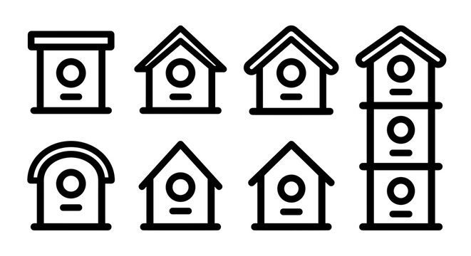 Bird house icon set with various wooden nesting box designs