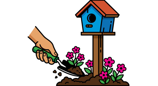 Bird house in a garden with a hand planting pink flowers