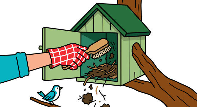 Bird house cleaning and maintenance with a brush and gloved hand