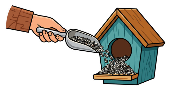 Bird house with hand pouring sunflower seeds from a metal scoop