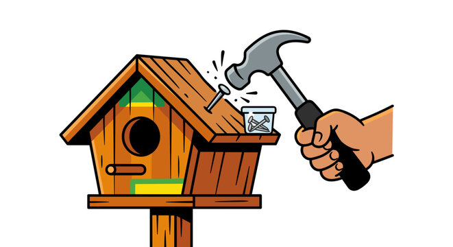 Bird house construction with hand hitting a nail using a hammer