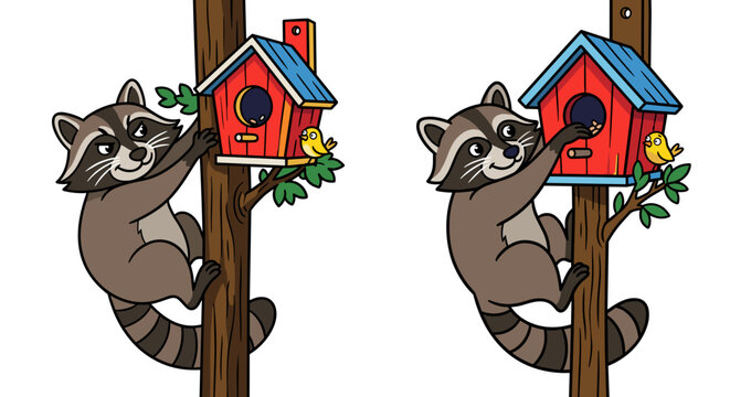 Bird house reached by a raccoon climbing a tree with a small bird