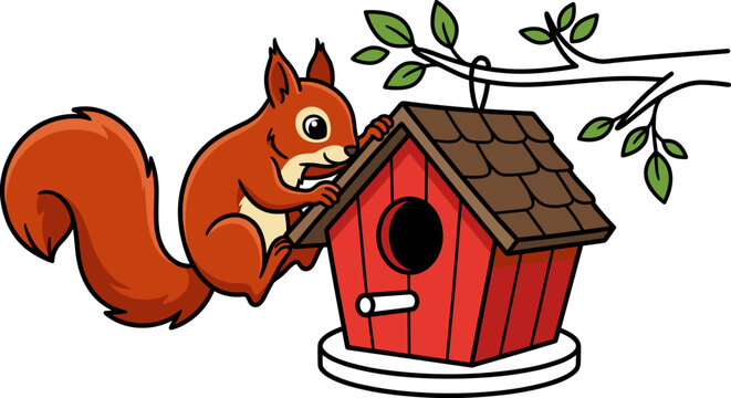 Bird house with a curious red squirrel climbing on it