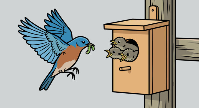 Bird house and bluebird feeding hungry chicks in the nest