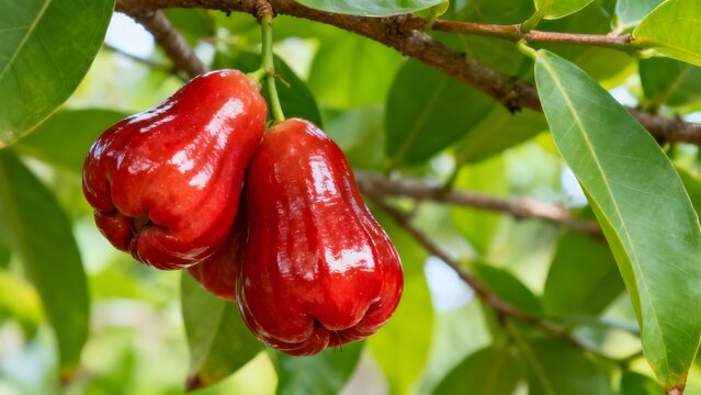 Close Up of Fresh Ripe Wax Apples on Tropical Tree