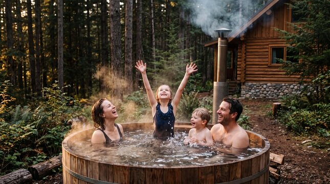 Happy family of four enjoying a wood-fired hot tub by a rustic forest cabin