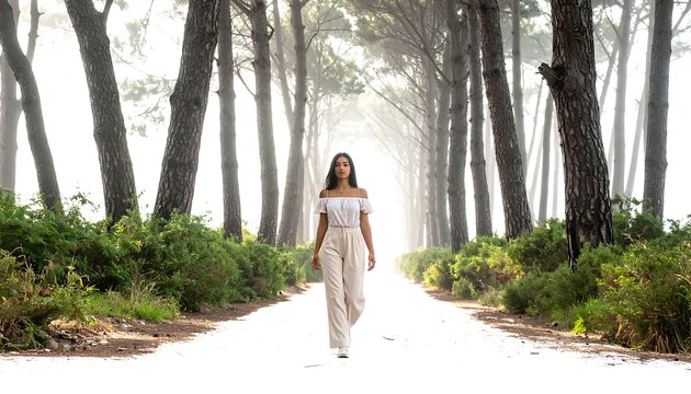 A young person walks down a tree-lined, gravel path towards the camera, fog enshrouding the background