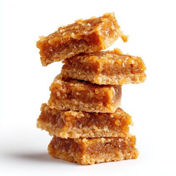 dessert of coconut-laden kiri toffee bars isolated on a white background